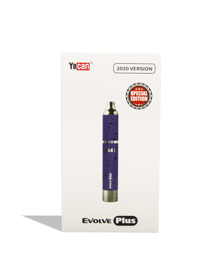 Purple Black Spatter packaging Wulf Mods Evolve Plus Concentrate Vaporizer on white background