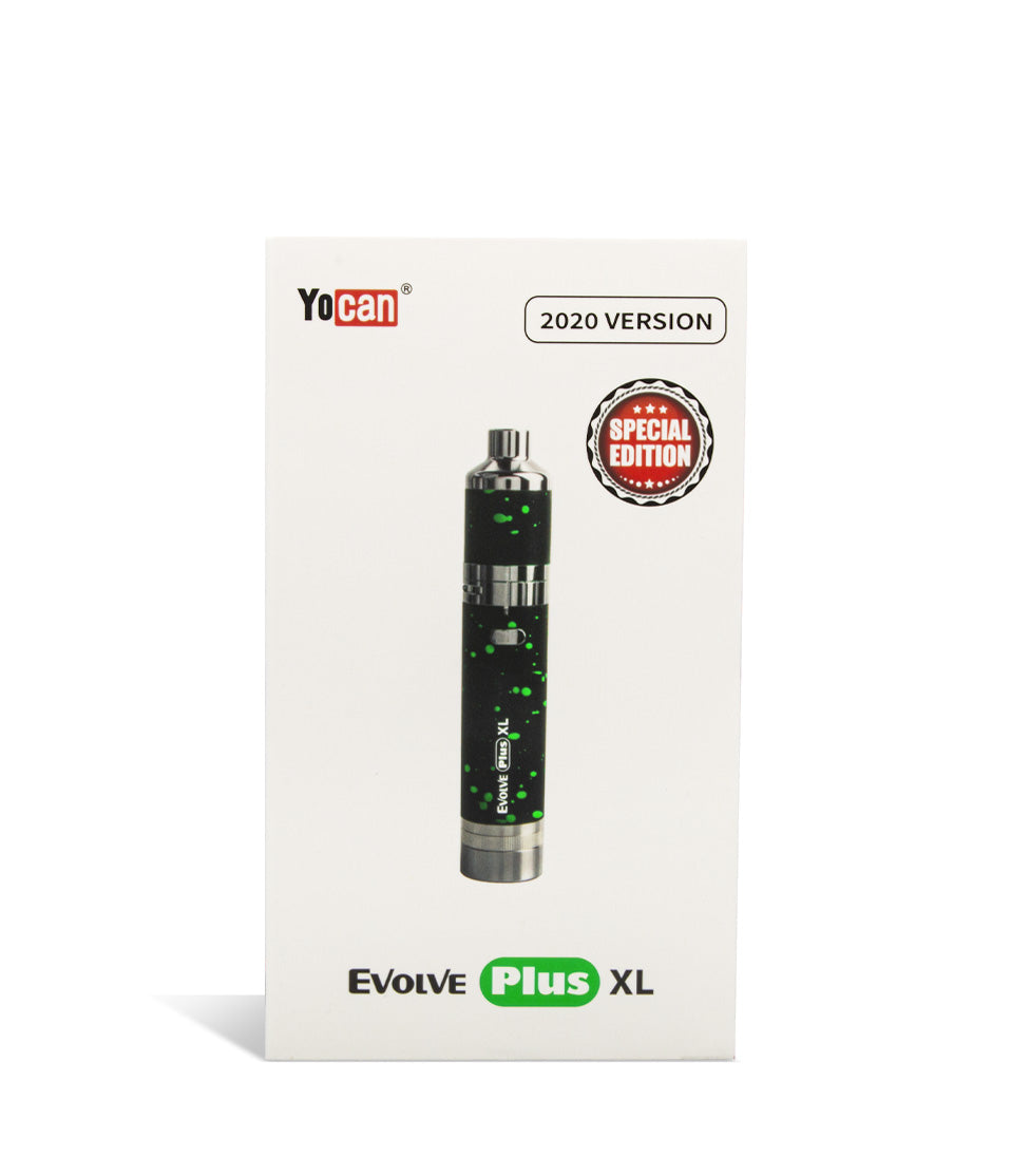 Black Green Spatter packaging Wulf Mods Evolve Plus XL Concentrate Vaporizer on white background