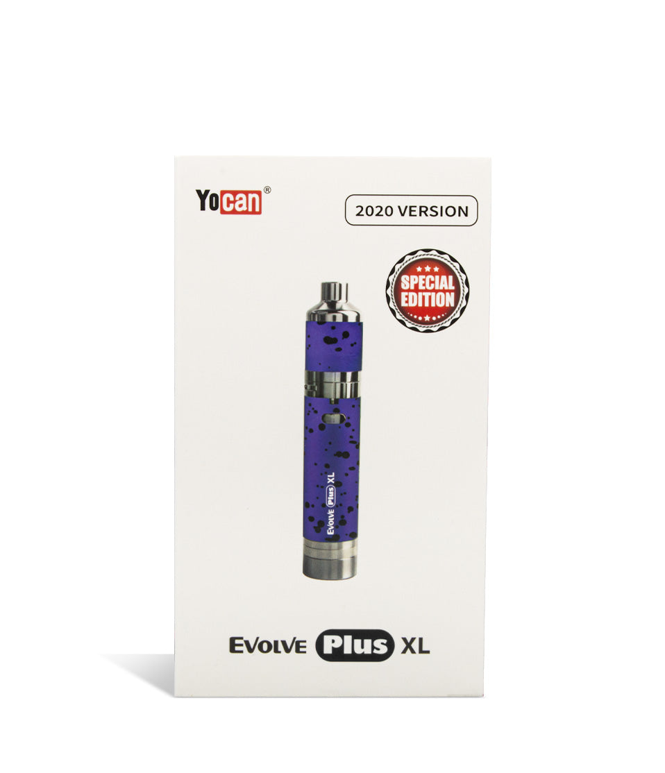 Purple Black Spatter packaging Wulf Mods Evolve Plus XL Concentrate Vaporizer on white background