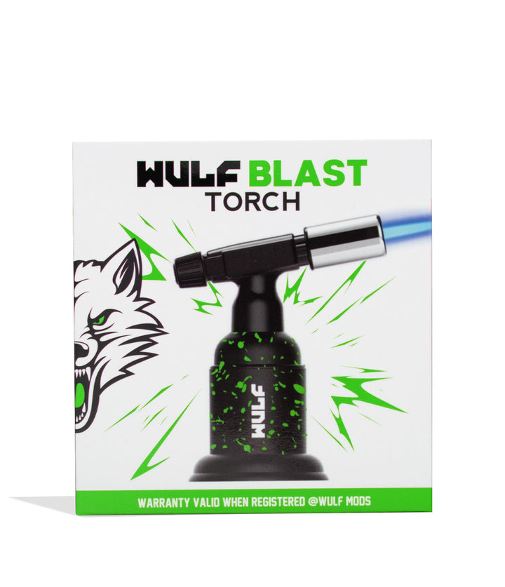 Black Green Spatter Wulf Mods Blast Butane Torch Packaging Front View on White Background