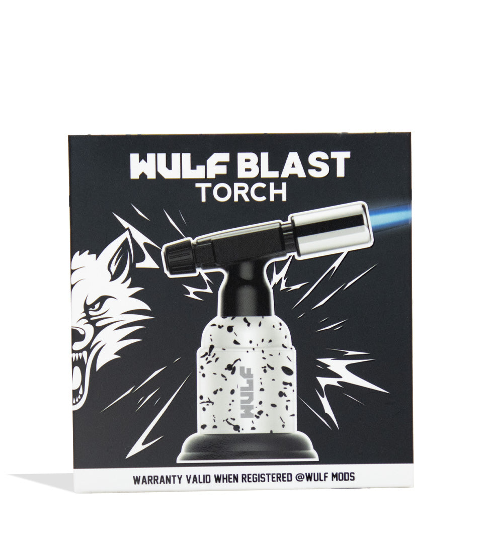 White Black Spatter Wulf Mods Blast Butane Torch Packaging Front View on White Background