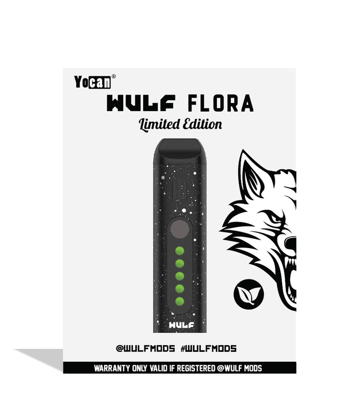 Black White Spatter packaging Wulf Mods Flora Portable Dry Herb Vaporizer on white background