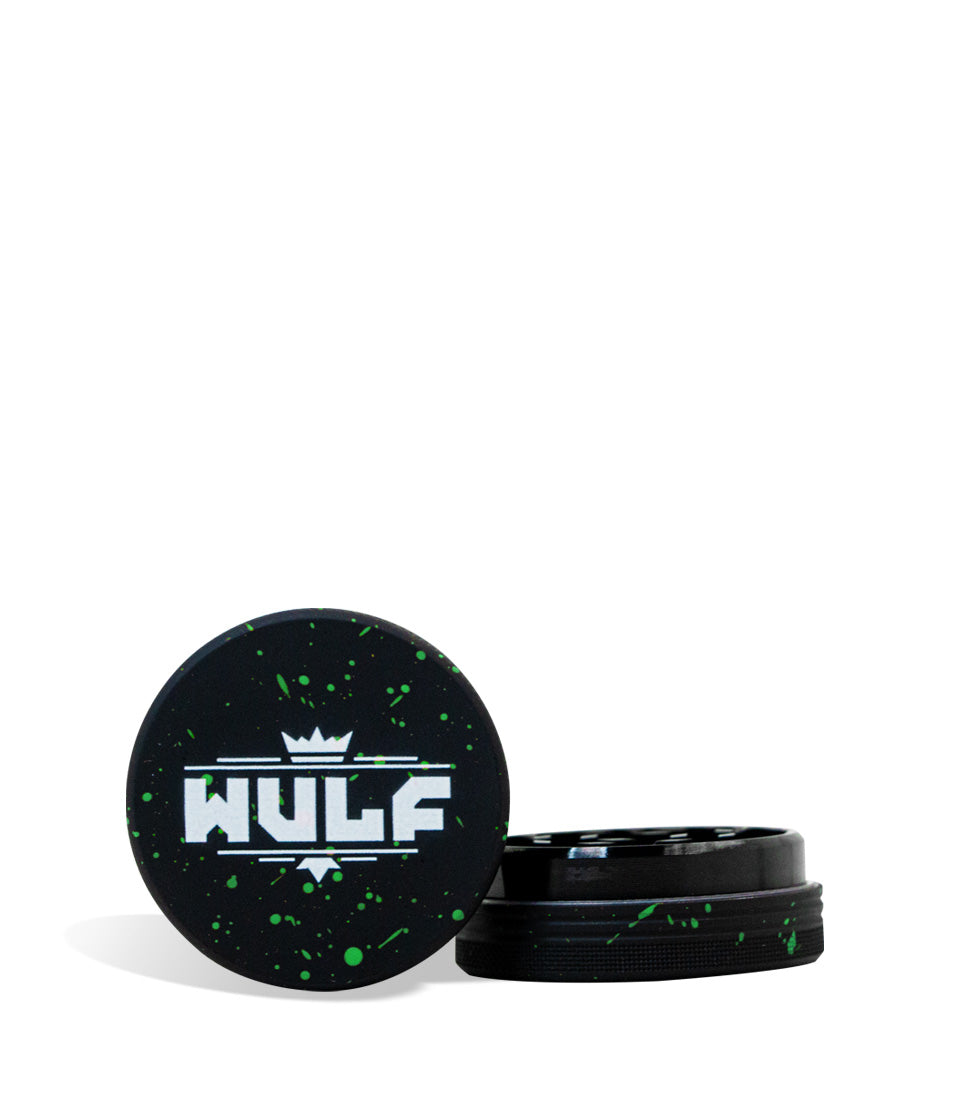 Black Green Spatter Wulf Mods 2pc 50mm Spatter Grinder Front View on White Background