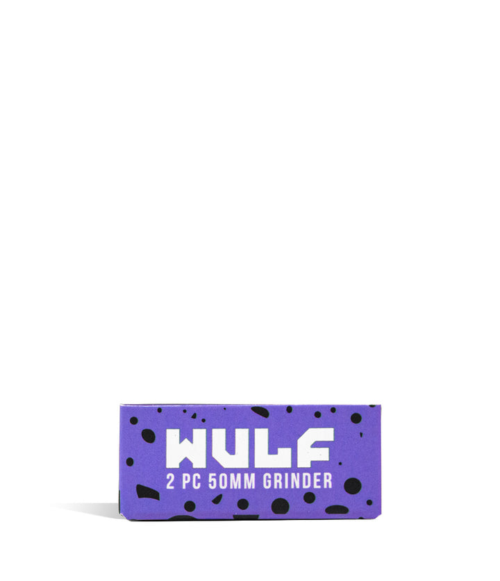 Purple Black Spatter Wulf Mods 2pc 50mm Spatter Grinder Packaging Front View on White Background