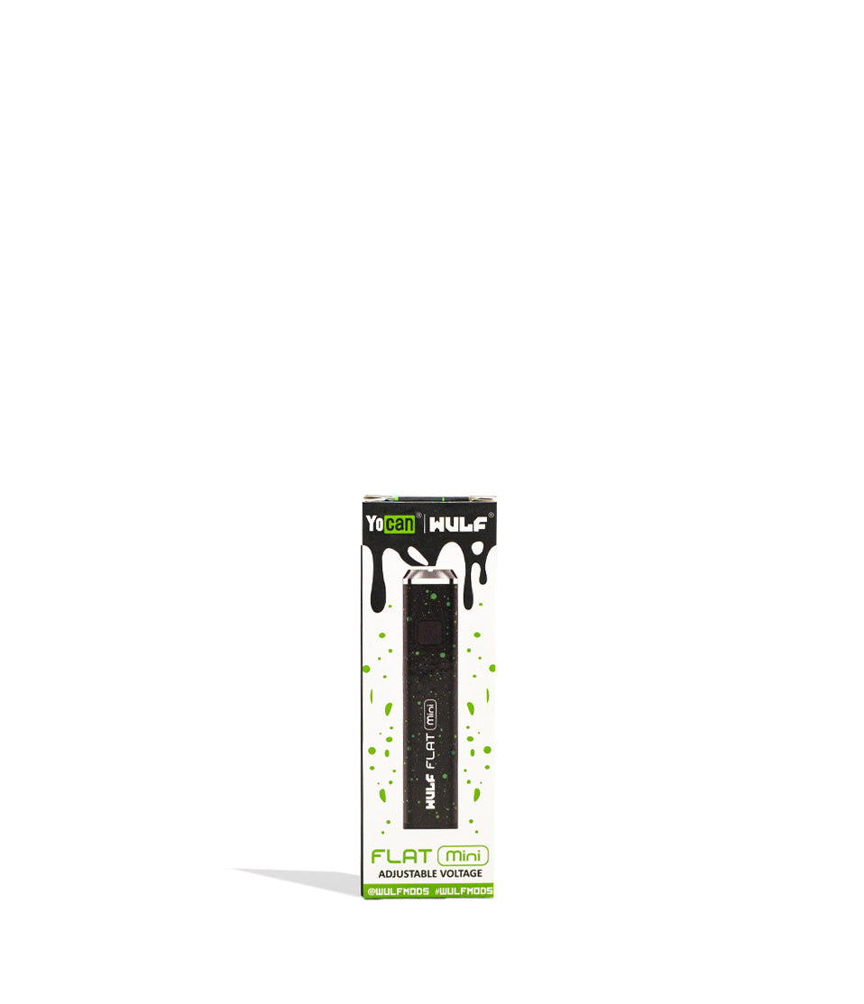 Black Green Spatter Wulf Mods Flat Mini Cartridge Battery Packaging Front View on White Background