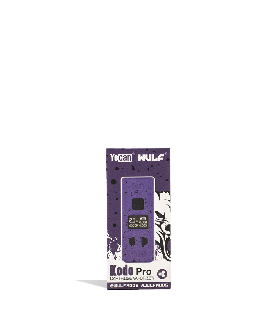 Purple Black Spatter packaging Wulf Mods KODO Pro Cartridge Vaporizer on white background