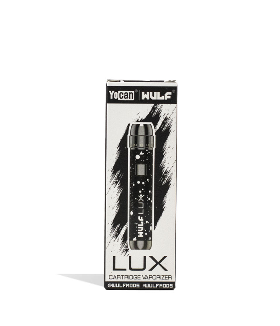 Black White Spatter packaging Wulf Mods LUX Cartridge Vaporizer on white background