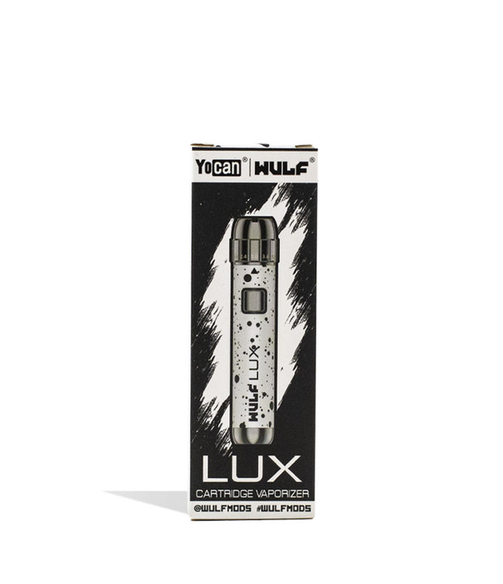 White Black Spatter packaging Wulf Mods LUX Cartridge Vaporizer on white background