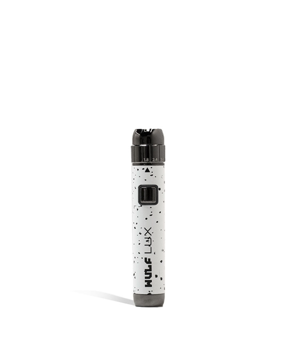 White Black Spatter Wulf Mods LUX Cartridge Vaporizer on white background