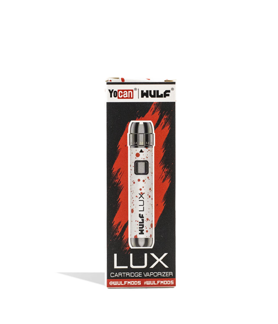 White Red Spatter packaging Wulf Mods LUX Cartridge Vaporizer on white background