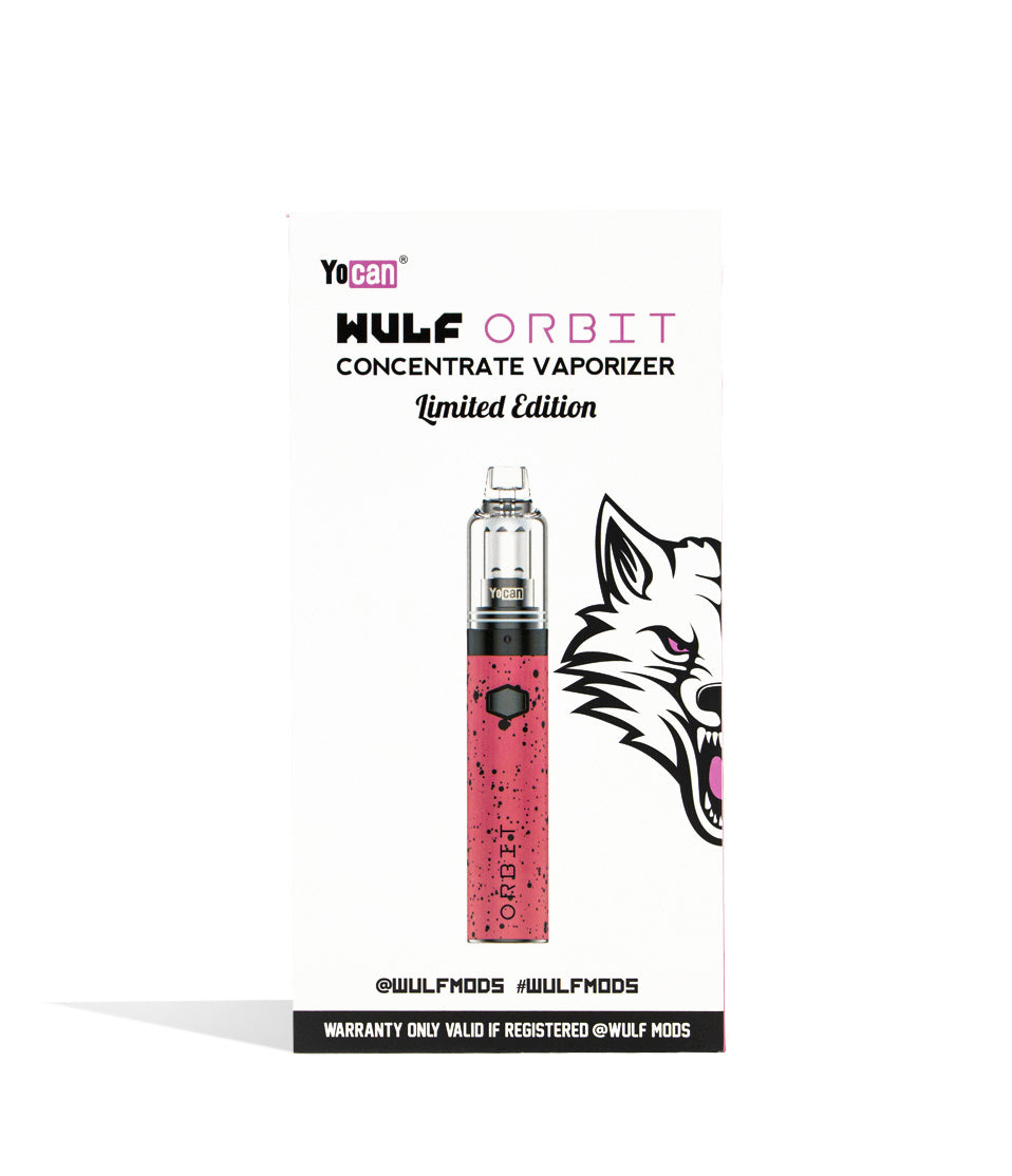 Pink Black Spatter packaging Wulf Mods Orbit Concentrate Vaporizer on white background