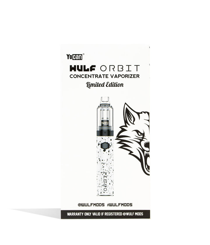 White Black Spatter packaging Wulf Mods Orbit Concentrate Vaporizer on white background