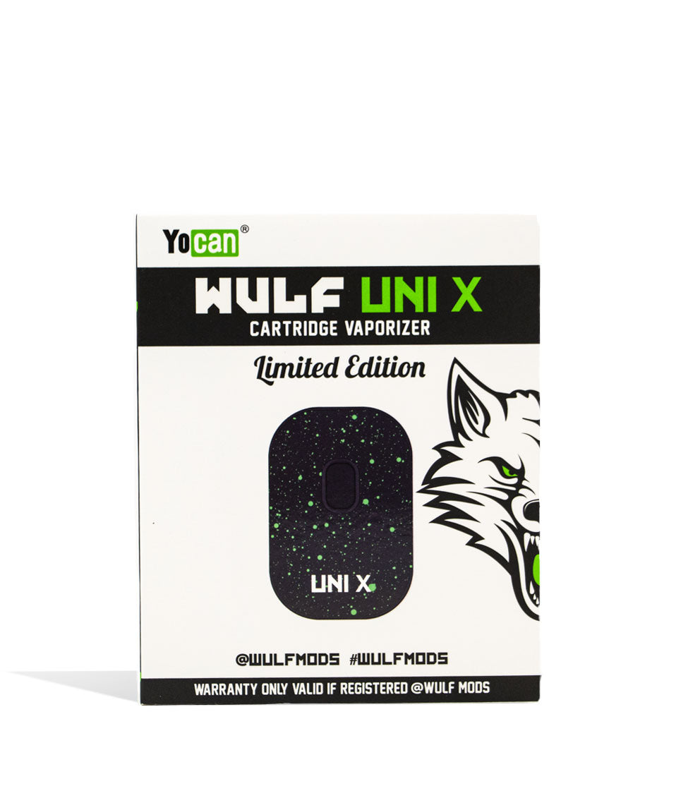 Black Green Spatter packaging Wulf Mods UNI X Cartridge Vaporizer on white background