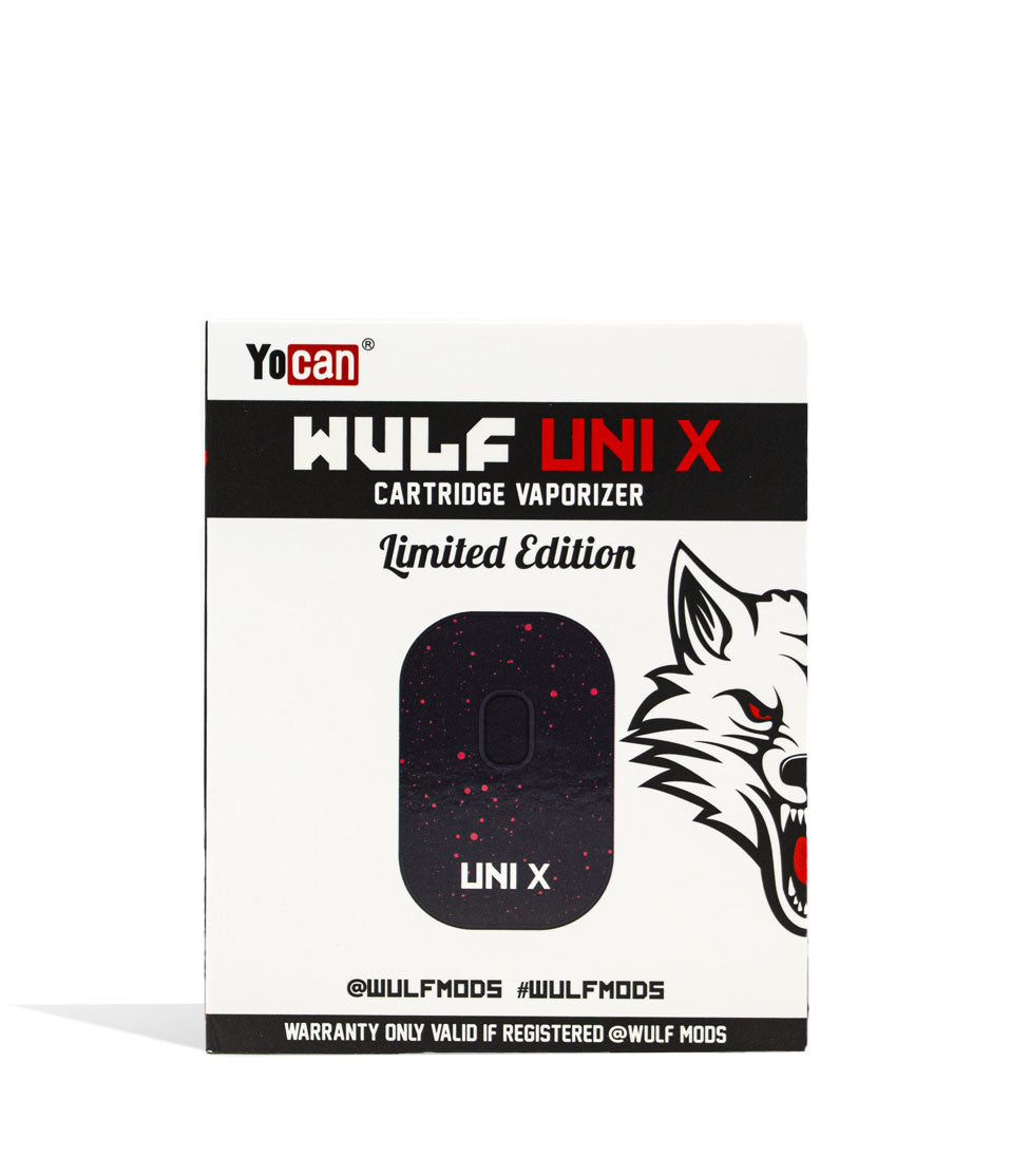 Black Red Spatter packaging Wulf Mods UNI X Cartridge Vaporizer on white background